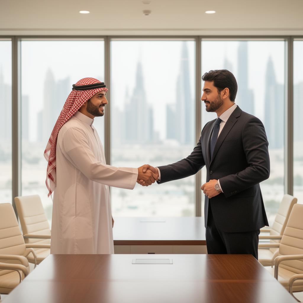 Saudi business leaders shaking hands with Riyadh skyline behind
