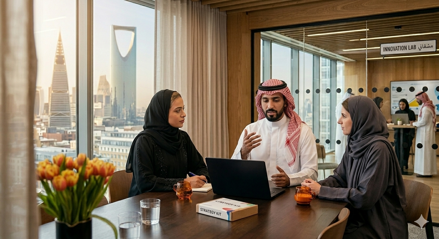 Strategy team in discussion with Riyadh skyline